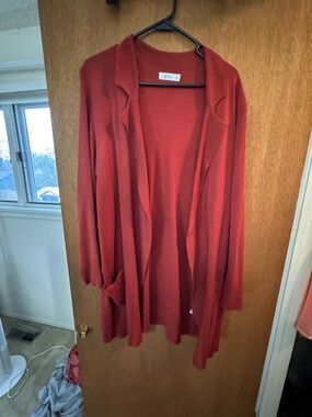 Women's Open-Front Brick Red Cardigan with Patch Pockets